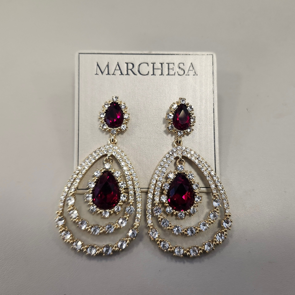NWT Marchesa Gold-Tone Red Siam Orbital Pear Drop Earrings